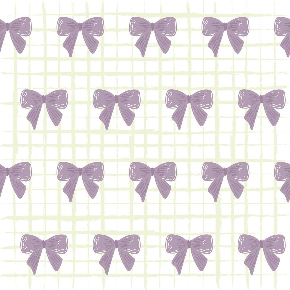 Purple Coquette Bow Ribbon Seamless Pattern on Grid Background. Combines delicate bows with a subtle grid background, Chic and coquette-inspired pattern for youthful vibe. vector