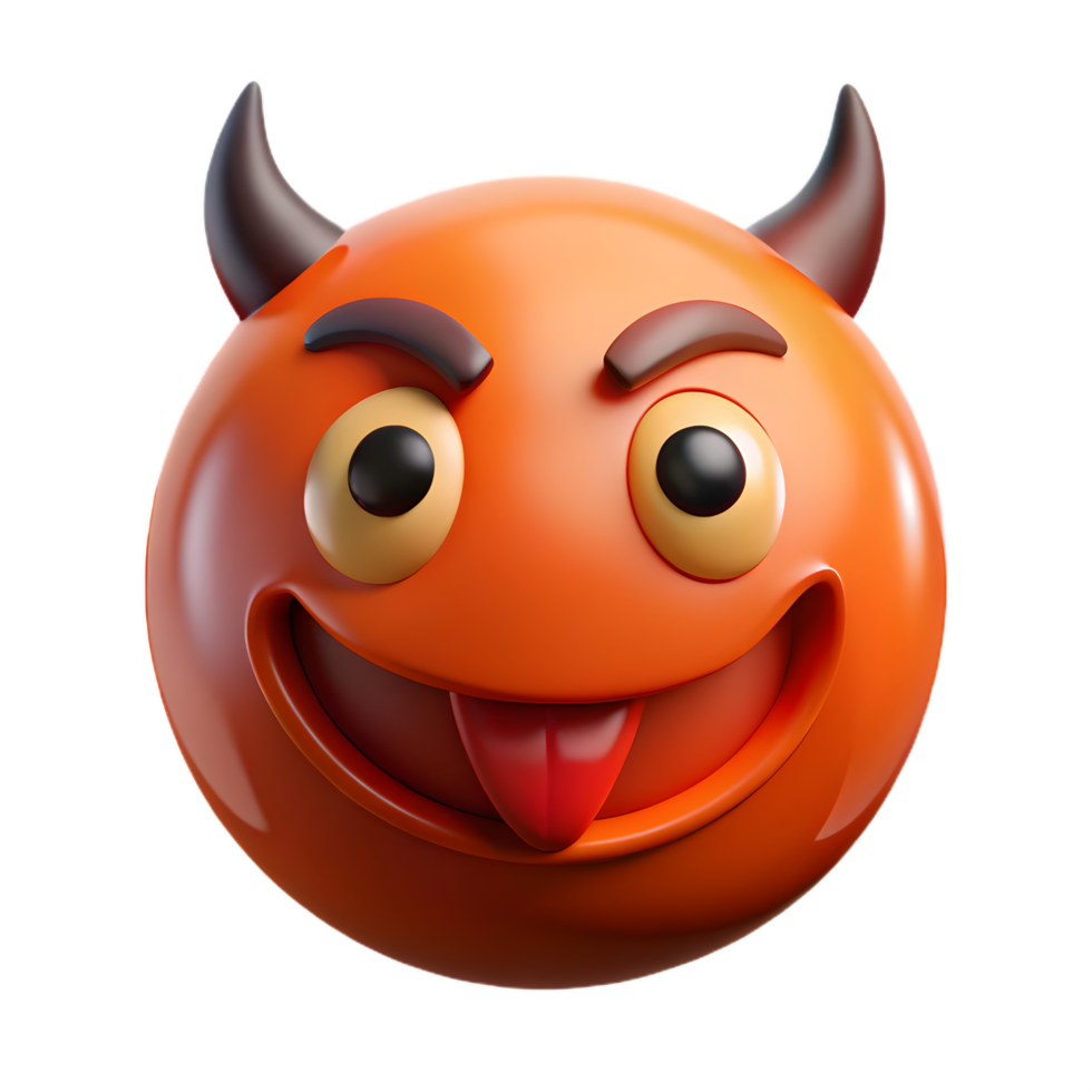 Orange Devil Emoji , Mischievous 3D Cartoon with Horns and Tongue Out png