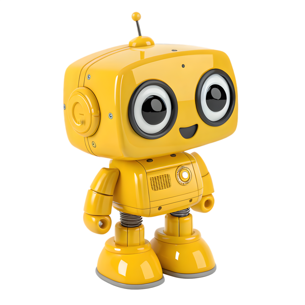 Cute Yellow Robot Toy with Large Eyes and Antenna , Playful Kawaii Style Figurine for Kids png