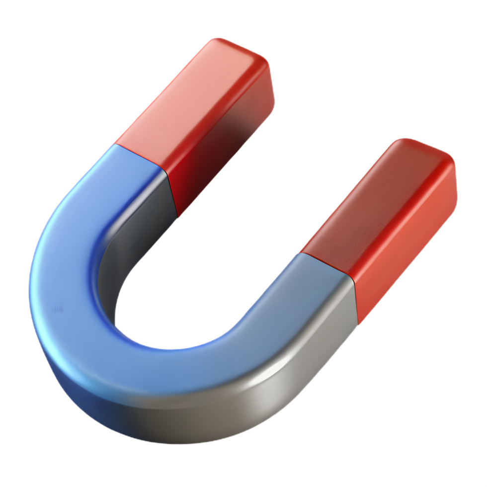 Horseshoe Magnet 3D Render Red and Blue Colors with Metallic Silver Glossy Finish for Scientific Illustration png