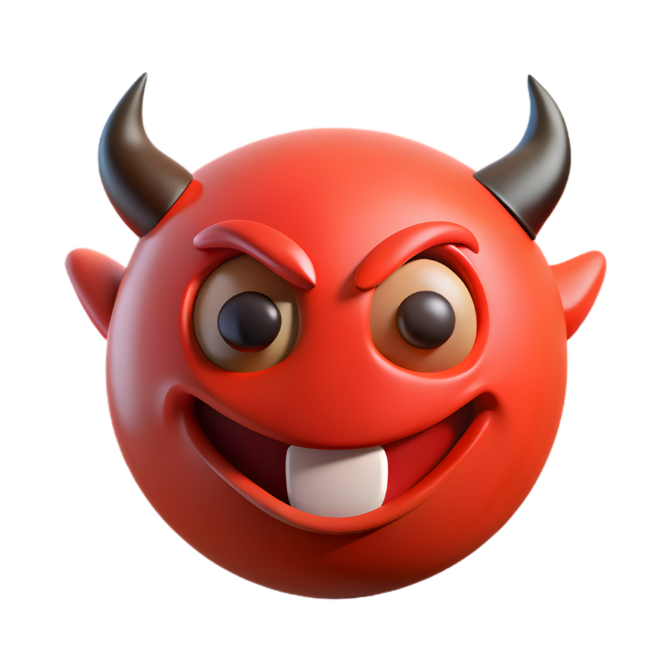 3D Red Devil Emoji , Glossy Cartoon Character with Golden Eyes and Mischievous Grin png