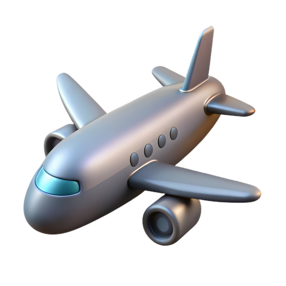 Cartoon Metallic Silver Airplane , 3D Rendered Toy-Like Aircraft with Large Windows for Kids png