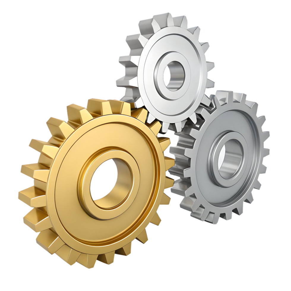 Gold and Silver Metallic Gears , 3D Rendered Mechanical Components for Industrial and Business Concepts png