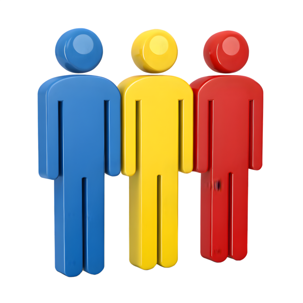 Colorful 3D Stick Figures in Primary Colors , Minimalist Geometric Design for Teamwork Representation png