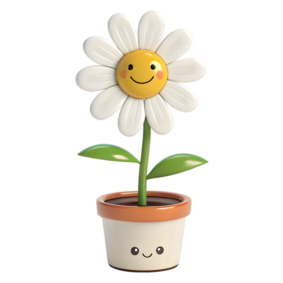 Cute Smiling Daisy Flower in Orange Pot , Kawaii 3D Render with Happy Expression png