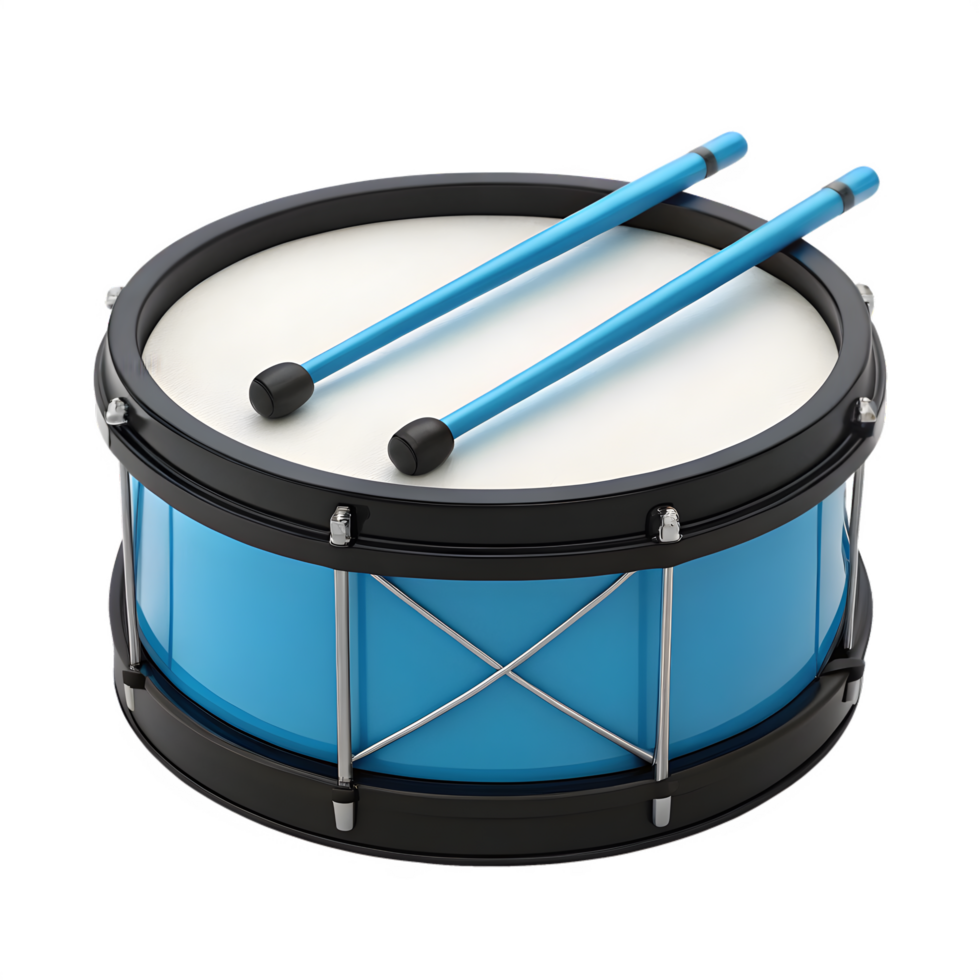 Bright Blue Toy Drum with Wooden Sticks , Realistic Kids Percussion Instrument Photo png
