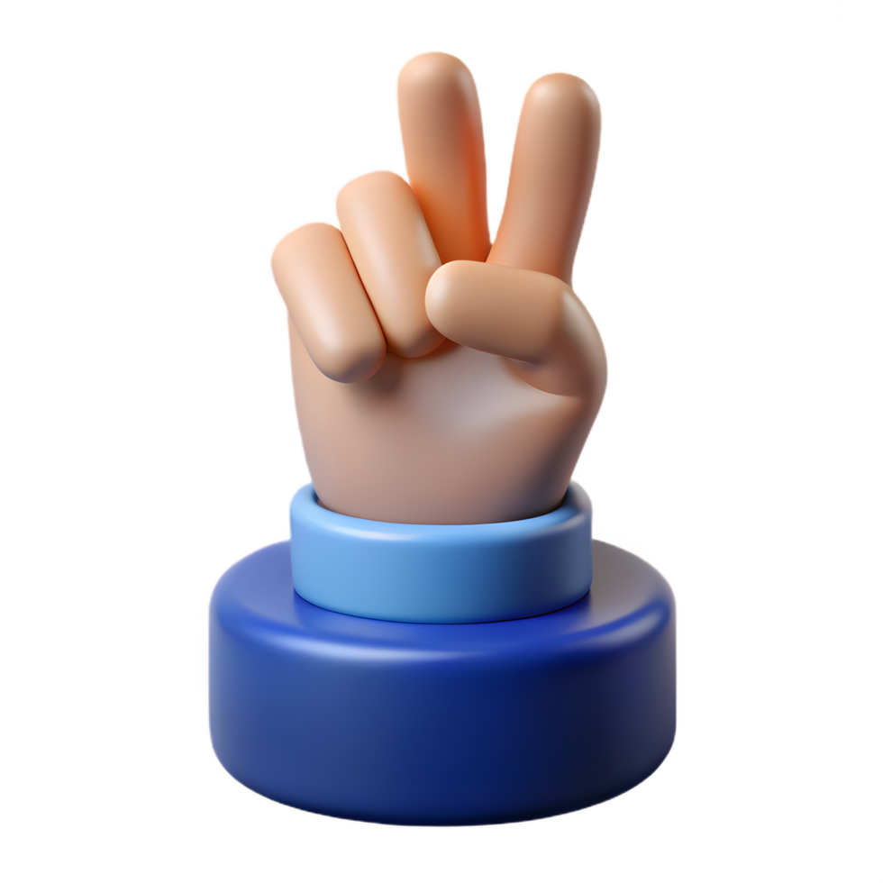 Peace Sign Hand Gesture , Realistic Victory Symbol on Blue Base with Minimalist Studio Composition png