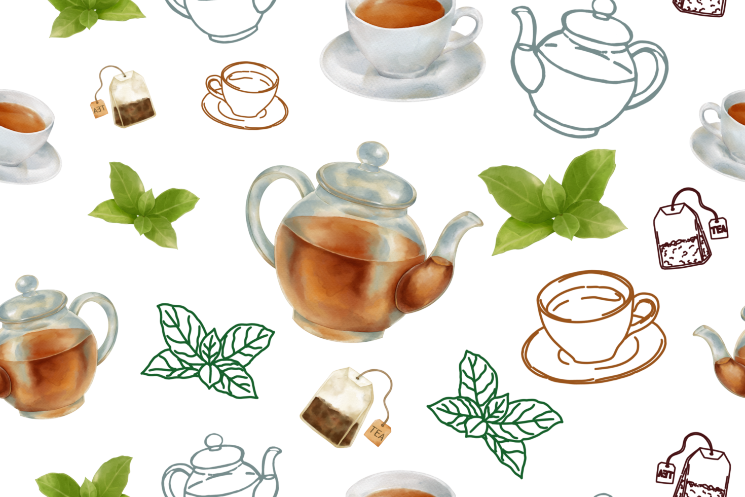 A repeating pattern features a charming tea time theme, with teapots, delicate teacups, some tea leaves and tea bags. The elements are illustrated in a watercolor and simple line art style. png