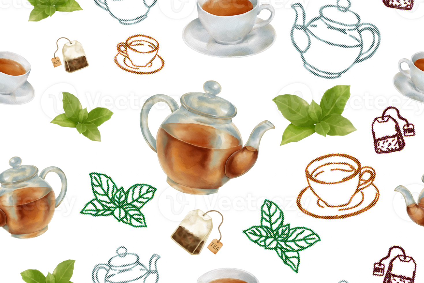 A seamless tea time pattern with teapots, teacups, tea leaves, and tea bags in watercolor and halftone line art style. Simple and cozy for any tea lover, fabric and paper print. png