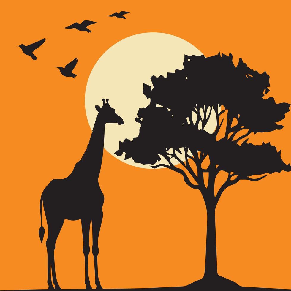 Giraffe and Tree Silhouette at Sunset in Africa vector