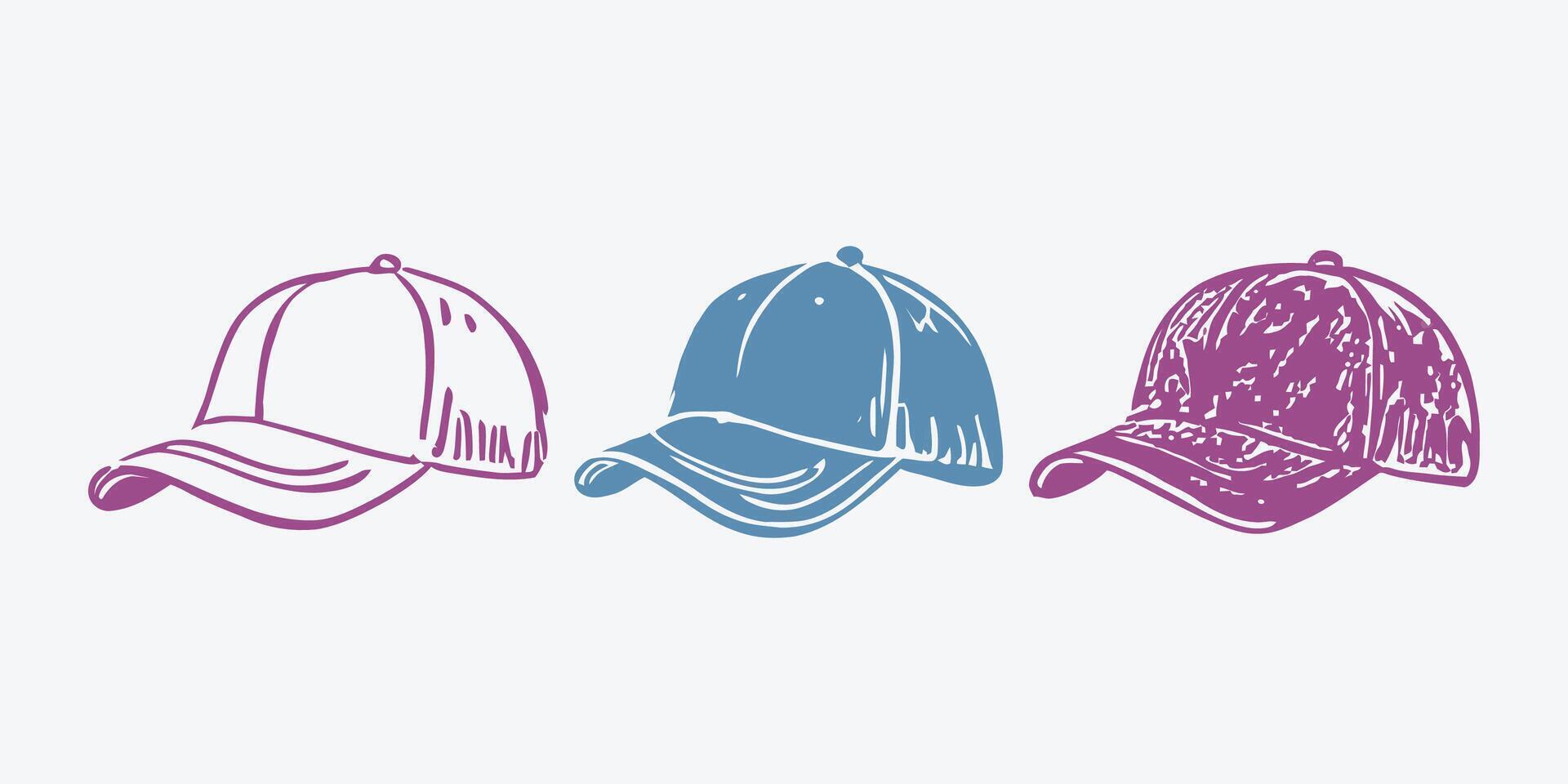 Three hand drawn hats in different colors illustration vector