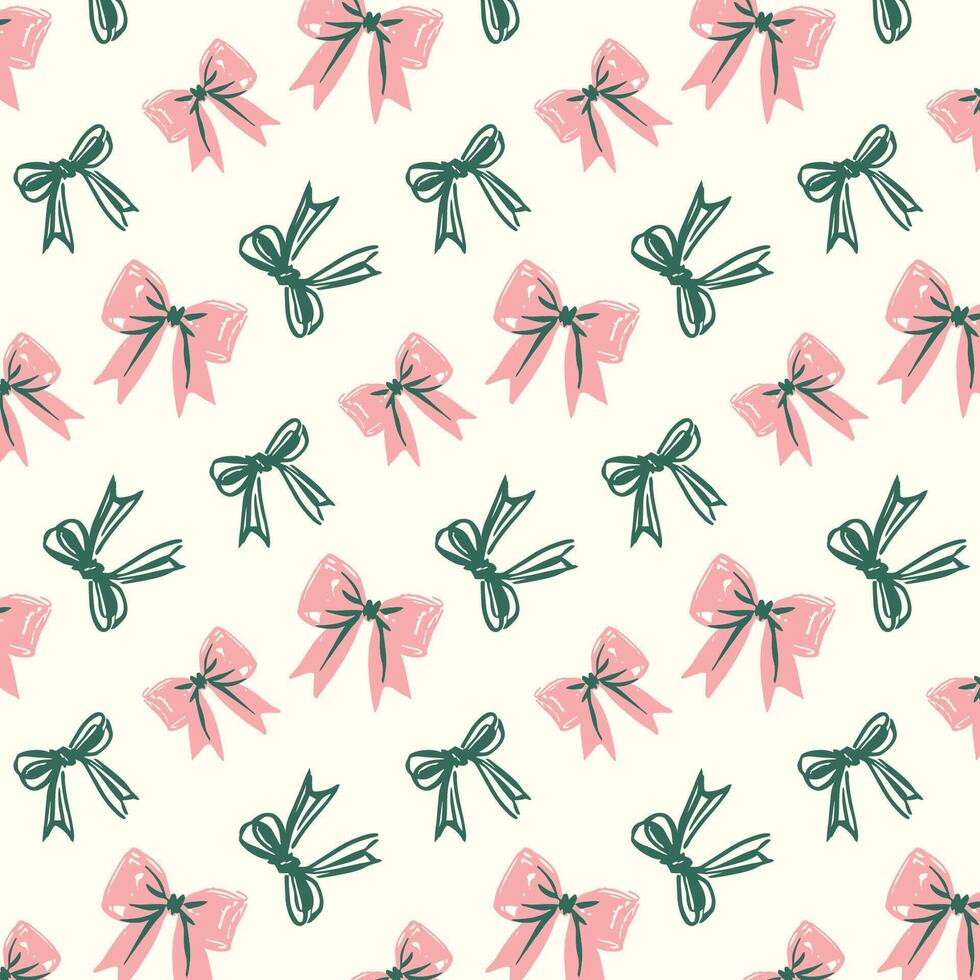 Coquette Bow Ribbon Seamless Pattern Background Vintage Bow and Hand-Drawn Ribbon Design. Unique print combines classic bows with delicate, sketch-style ribbon elements. vector