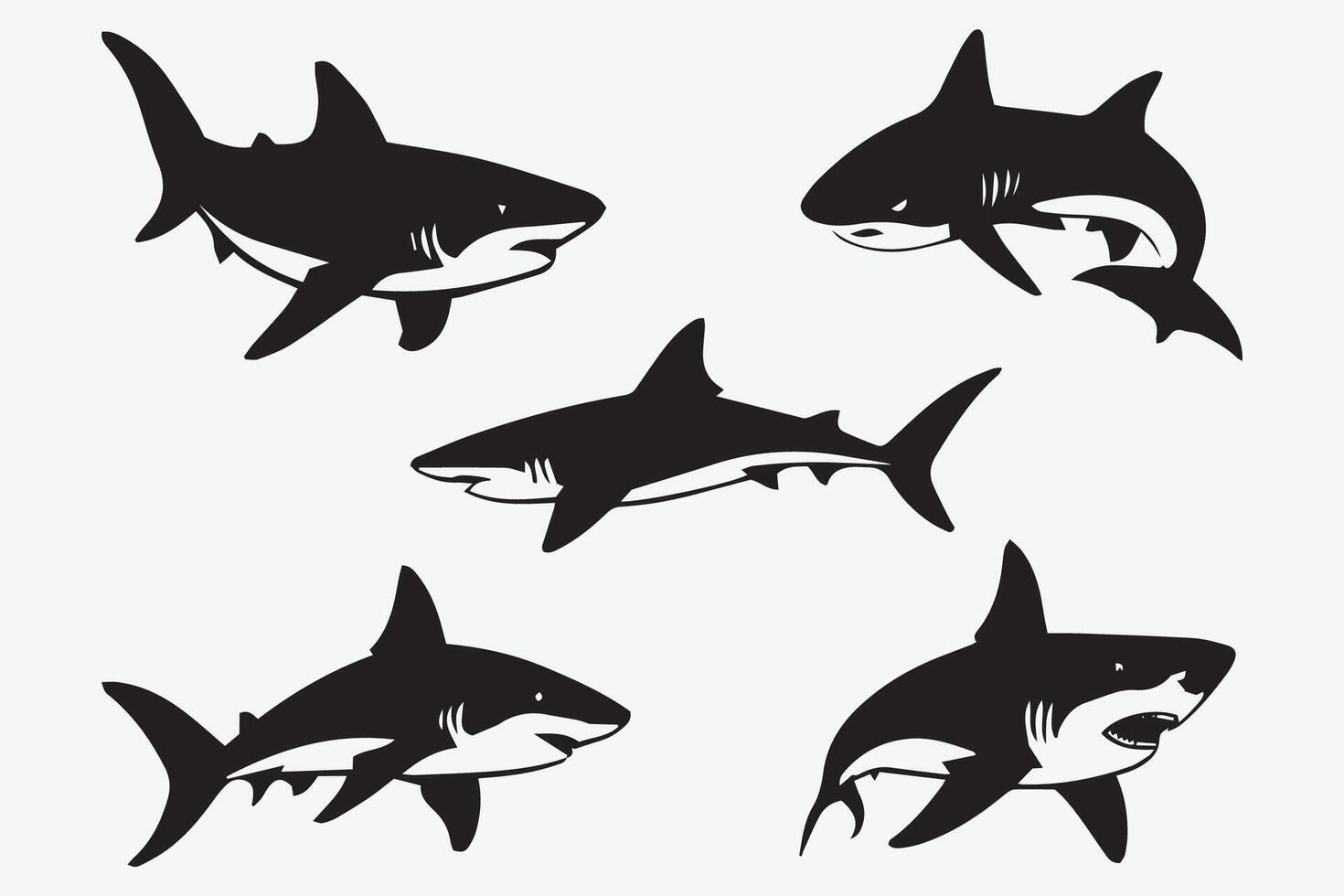 Collection of black shark silhouettes on a white background vector