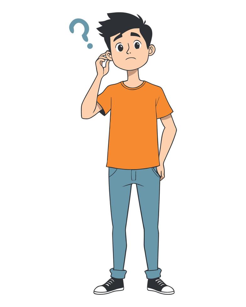 A young man with a confused expression and a question mark above his head illustration vector