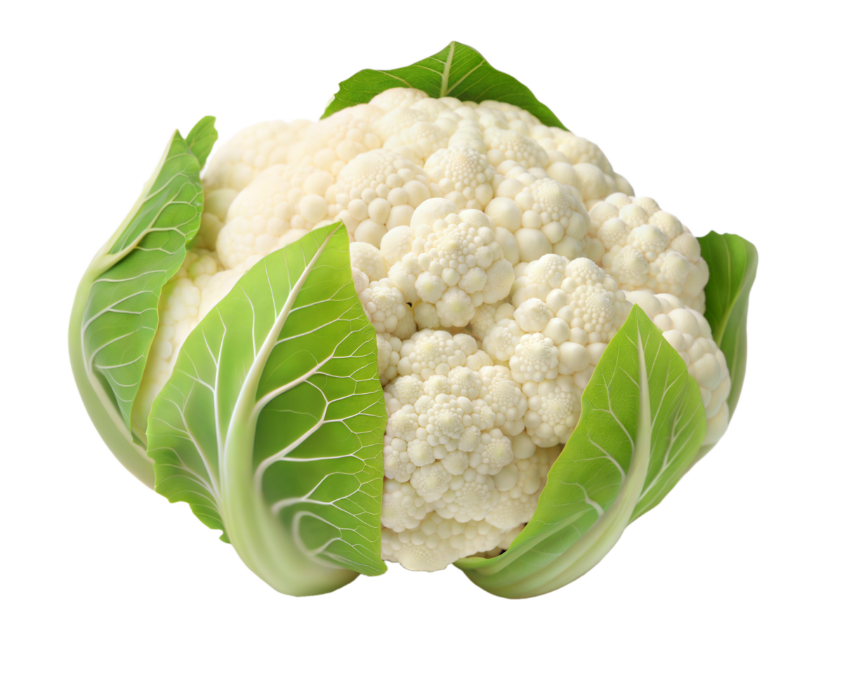 Healthy Raw Cauliflower Displayed with Fresh Green Leaves on Clean Background png