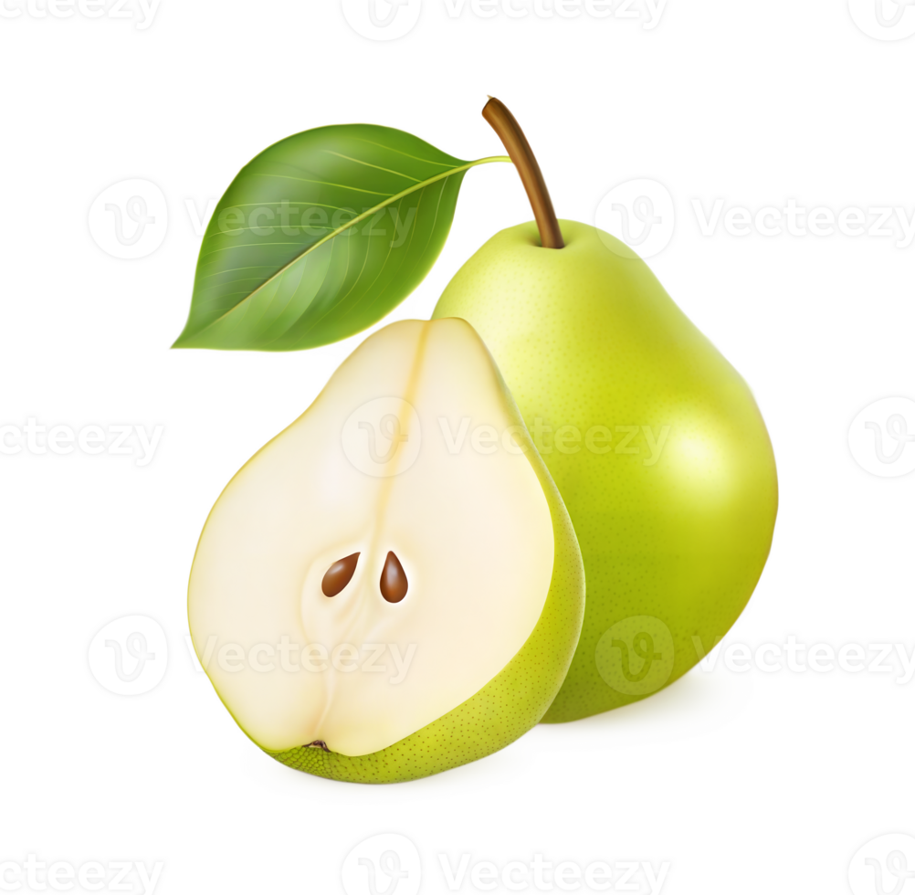 Ripe Pear with Smooth Texture and Green Leaf Partially Cut to Show White Interior in Close Shot png