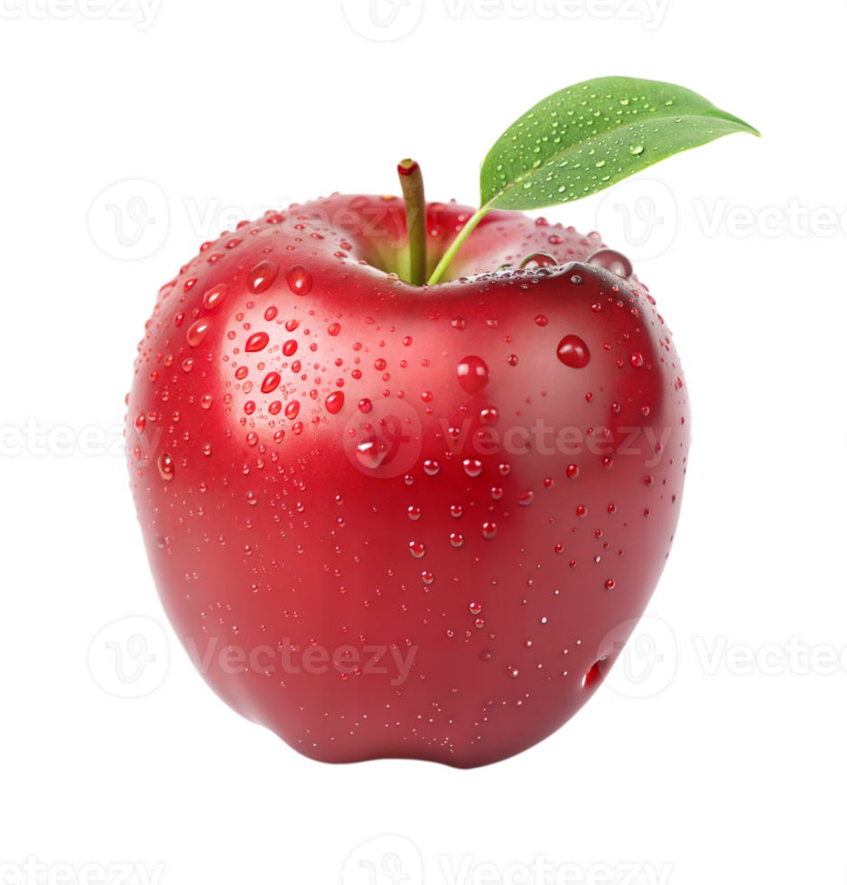 A fresh red apple with a green leaf covered in water droplets in a close up photo showing juicy texture and vibrant color in stunning high resolution png