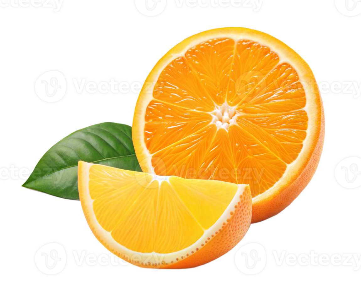 Closeup of Fresh Orange Slices and Green Leaves in a Bright and Juicy Composition of Natural Beauty png