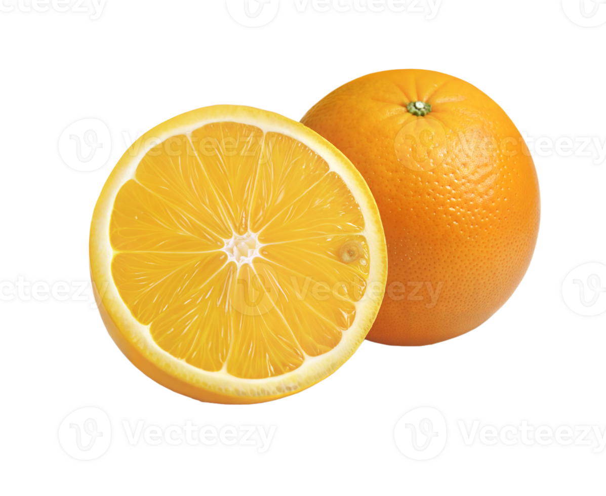 Juicy orange fruit and fresh sliced half on clean background highlighting vibrant citrus color png