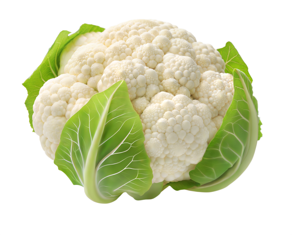 Nutritious Cauliflower Head with Crisp Green Leaves and Dense White Florets png