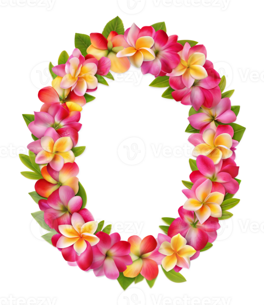Colorful lei made of delicate flowers and leaves in pink red yellow and green with tropical island vibes png