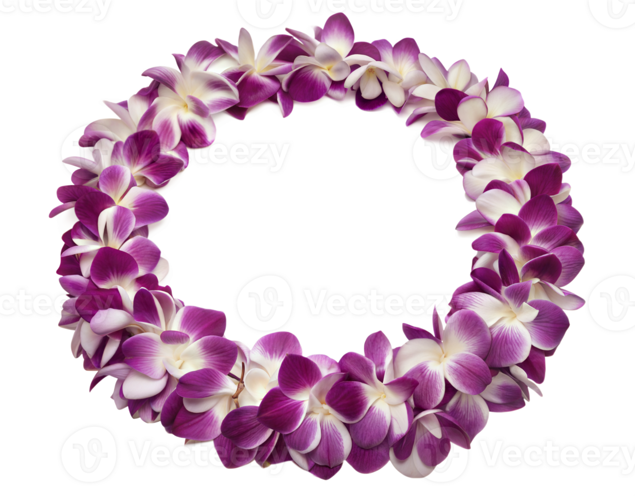 Purple and white hibiscus flower lei in a traditional circular wreath with layered floral texture png