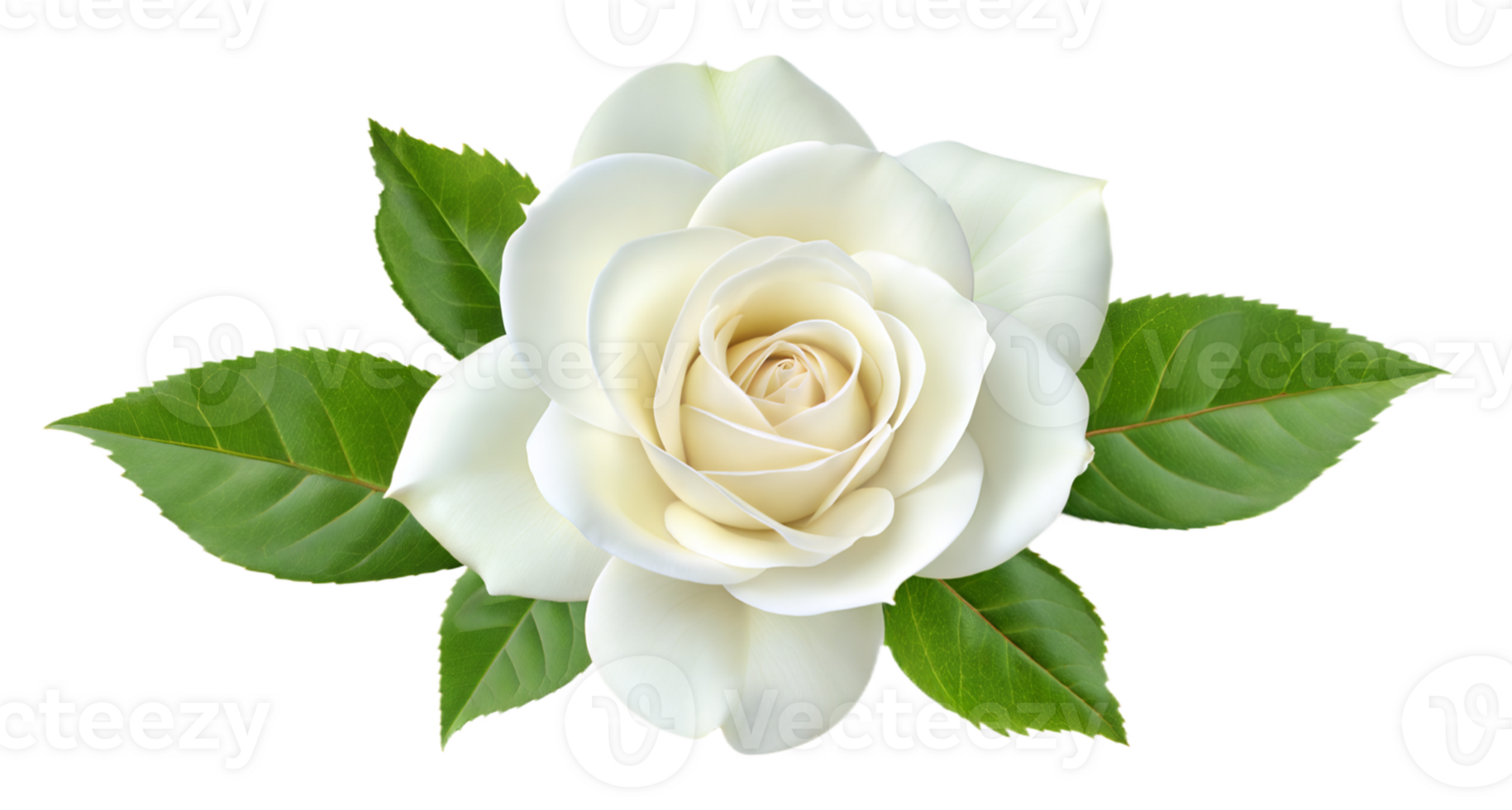 Elegant white rose with vibrant green leaves in a detailed high resolution digital illustration png