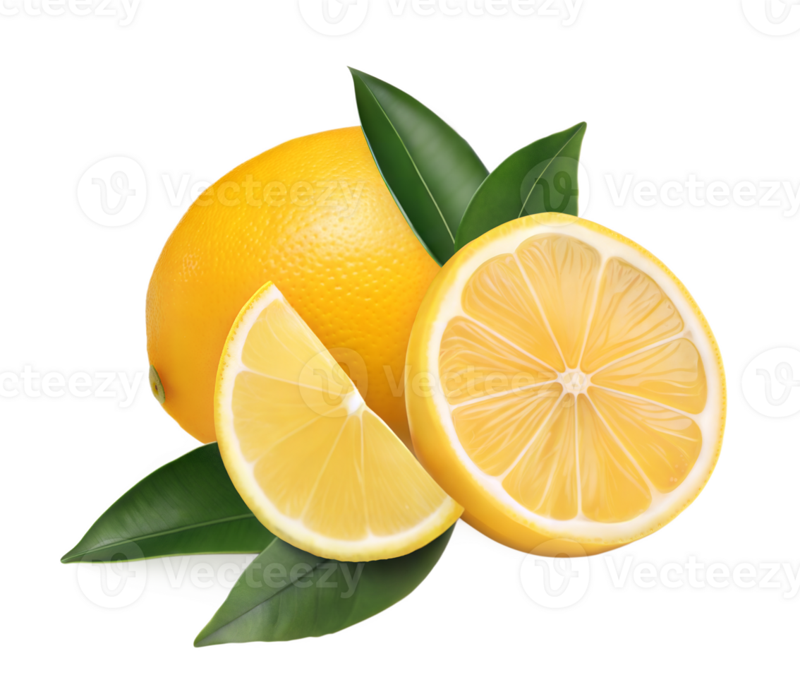 A slice of fresh lemon and a glossy whole orange captured on a neutral surface in vivid lighting png