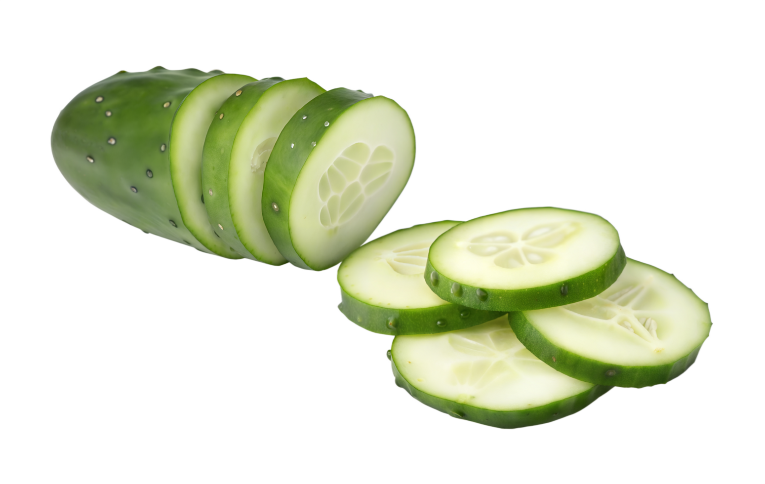 Green cucumber and its sliced parts in a fresh close up photo with clean background and clear texture png