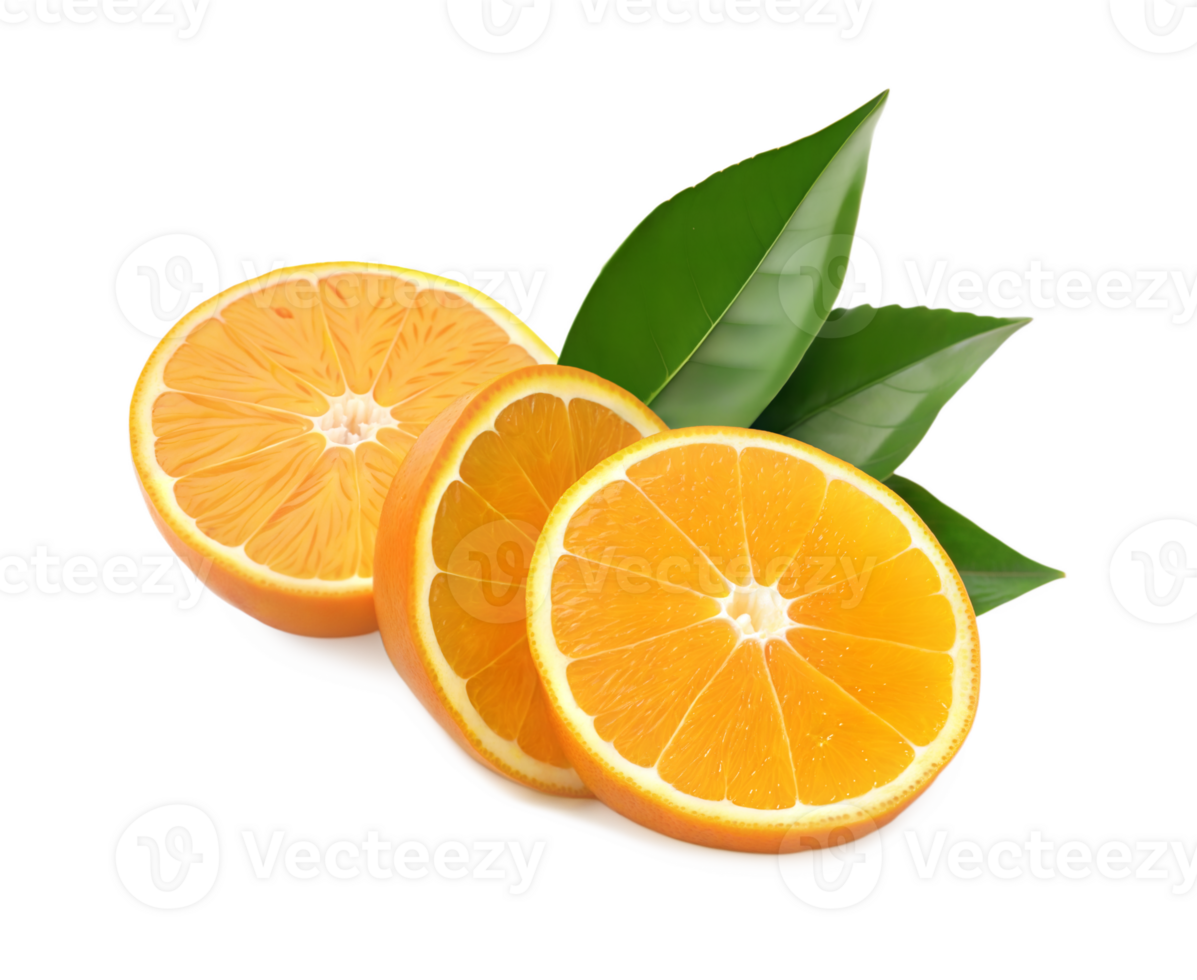 Juicy Orange Slices with Vibrant Color Surrounded by Rich Green Leaves in a Fresh Fruit Display png