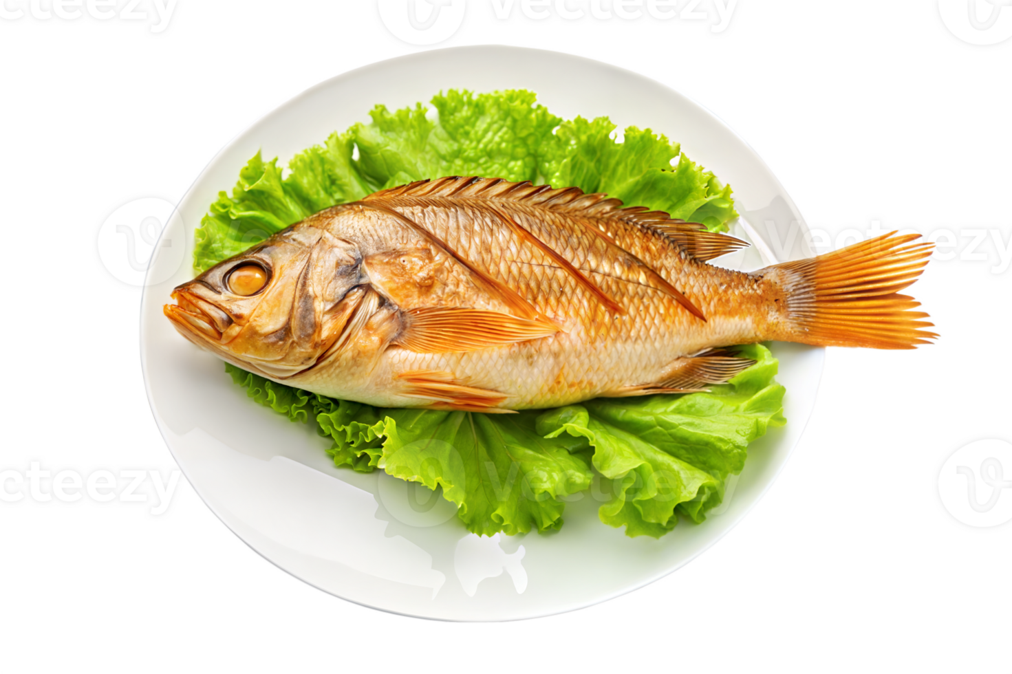 Whole Grilled Fish Served on Fresh Green Lettuce Perfect for Healthy Seafood Meals png