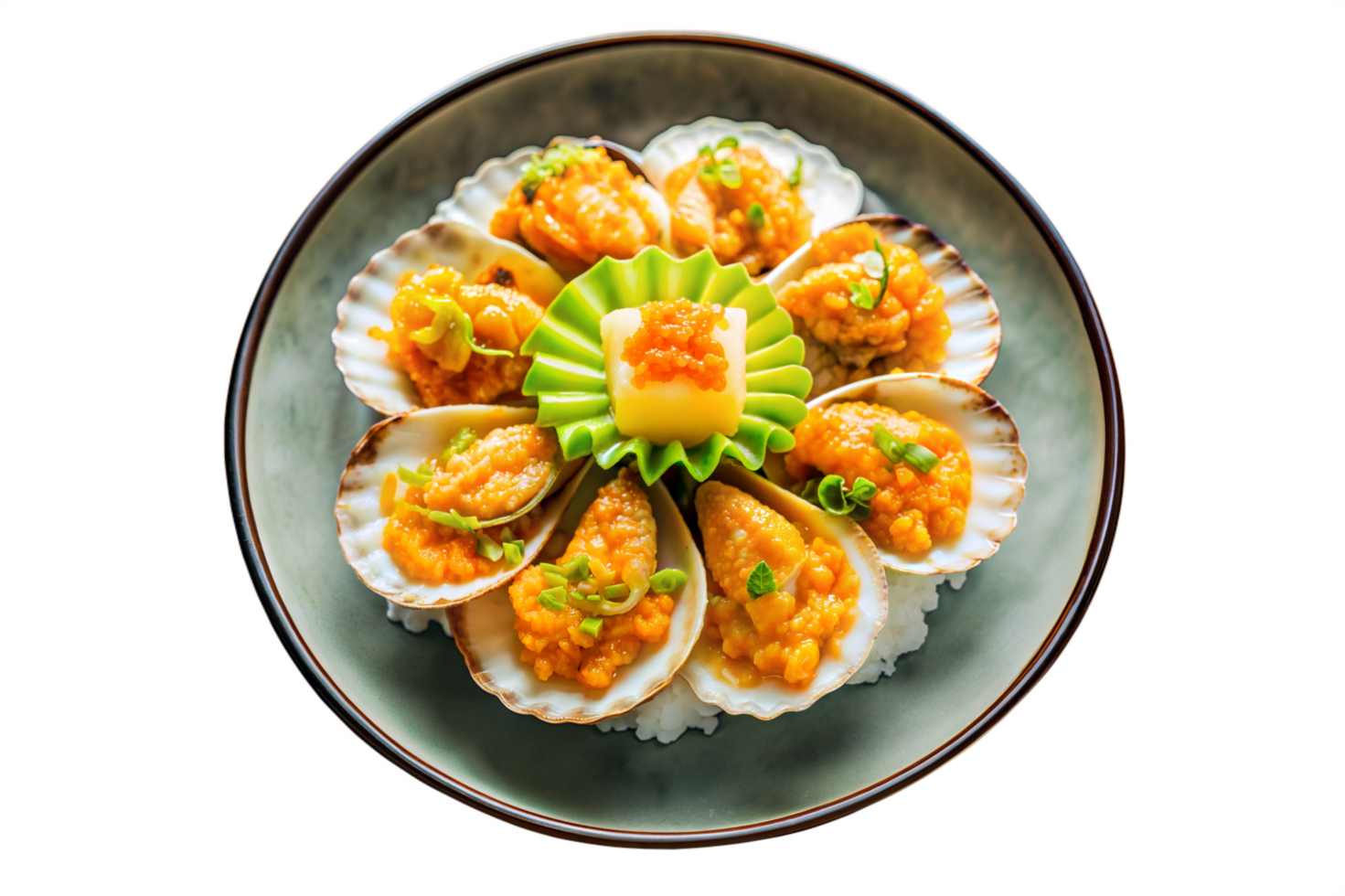 Shellfish Dish with Garnish and Rice on Ceramic Plate Styled for Restaurant Menus and Brands png
