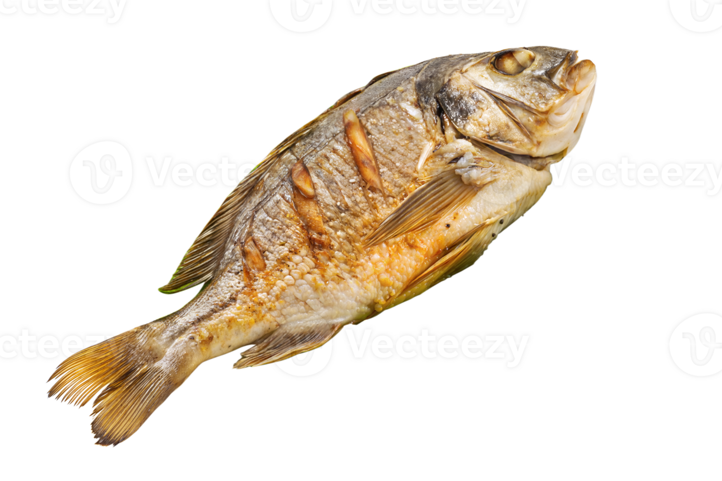 Cooked Whole Fish Dish with Green Lettuce on White Plate Perfect for Dinner Recipes png
