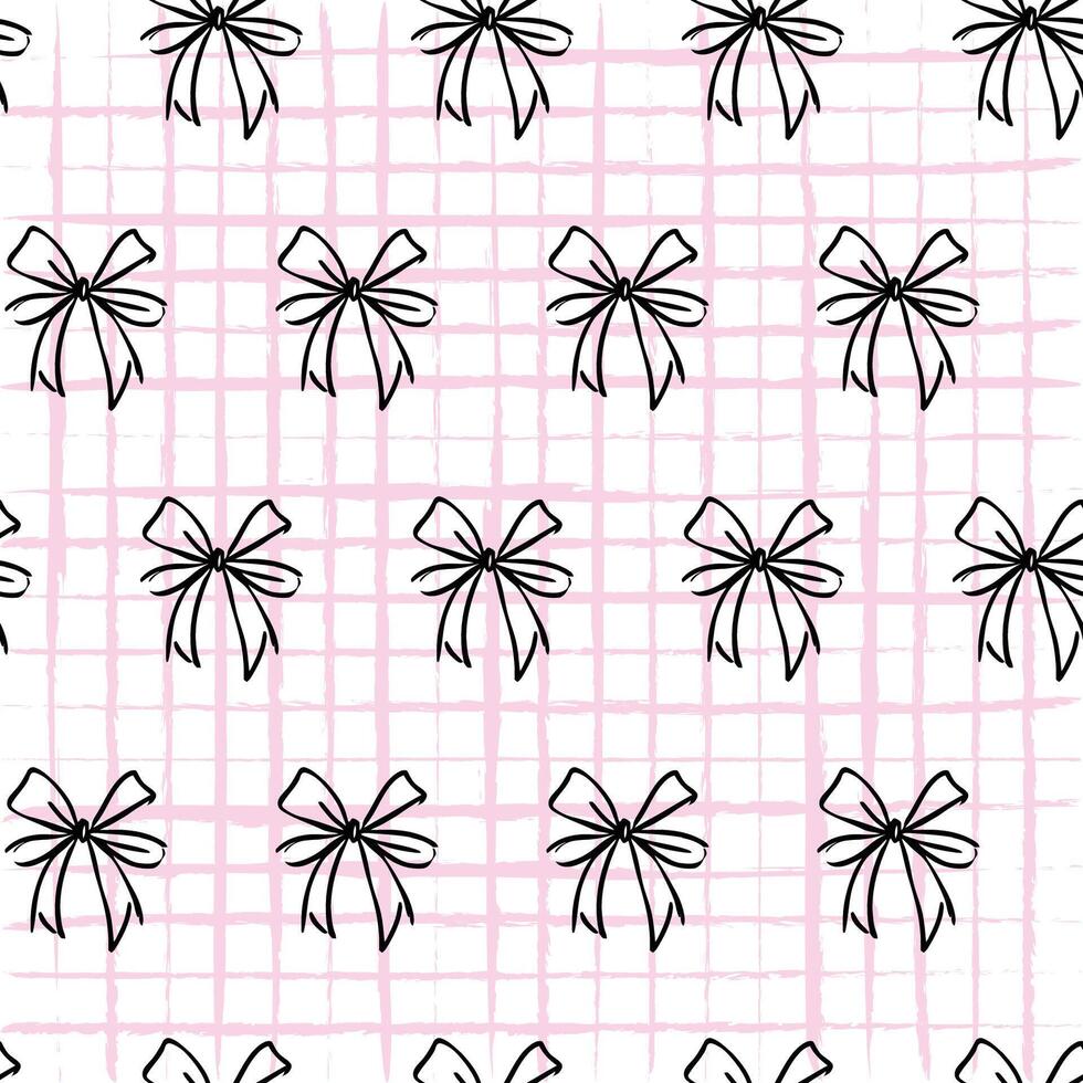 Pink Coquette Bow Ribbon Seamless Pattern on Grid Background. Combines delicate bows with a subtle grid background, Chic and coquette-inspired pattern for youthful and feminine vibe vector