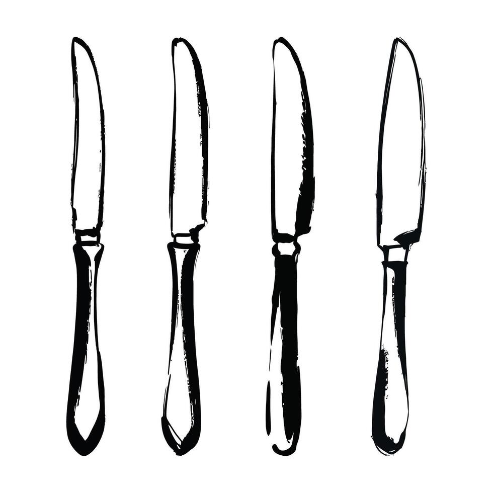 a set of four knives in hand drawn illustration vector
