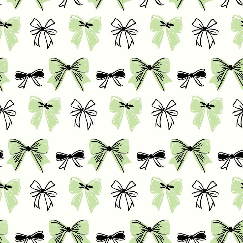 Green coquette Bow Ribbon Seamless Pattern Background Vintage Bow and Hand-Drawn Ribbon Design. Unique print combines classic bows with delicate, sketch-style ribbon elements. vector