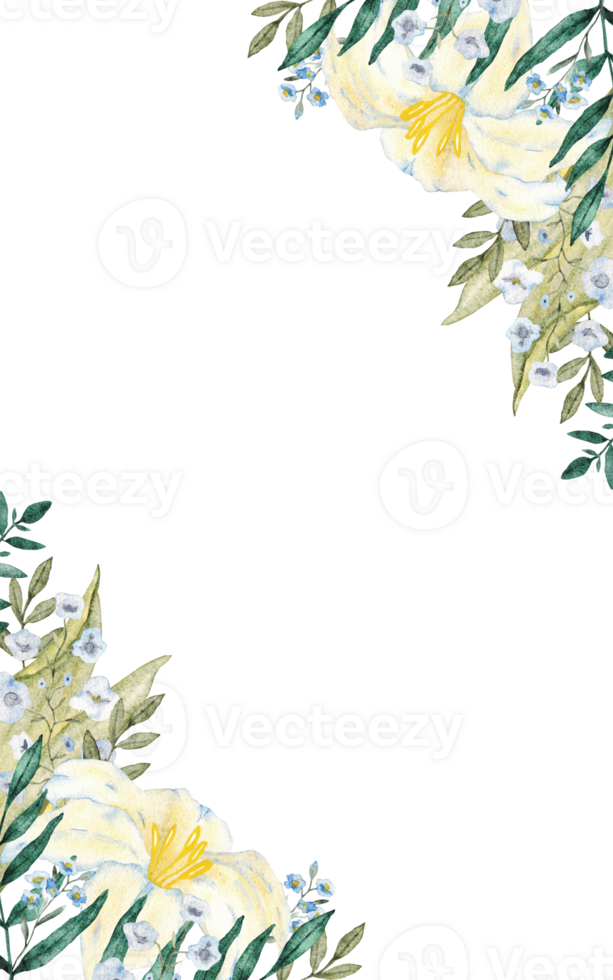 Vertical template with white lily, blue flowers and green leaves. For first communion, baptism, wedding greeting cards, invitation, save the date birthday. Copy space. Hand drawn frame png