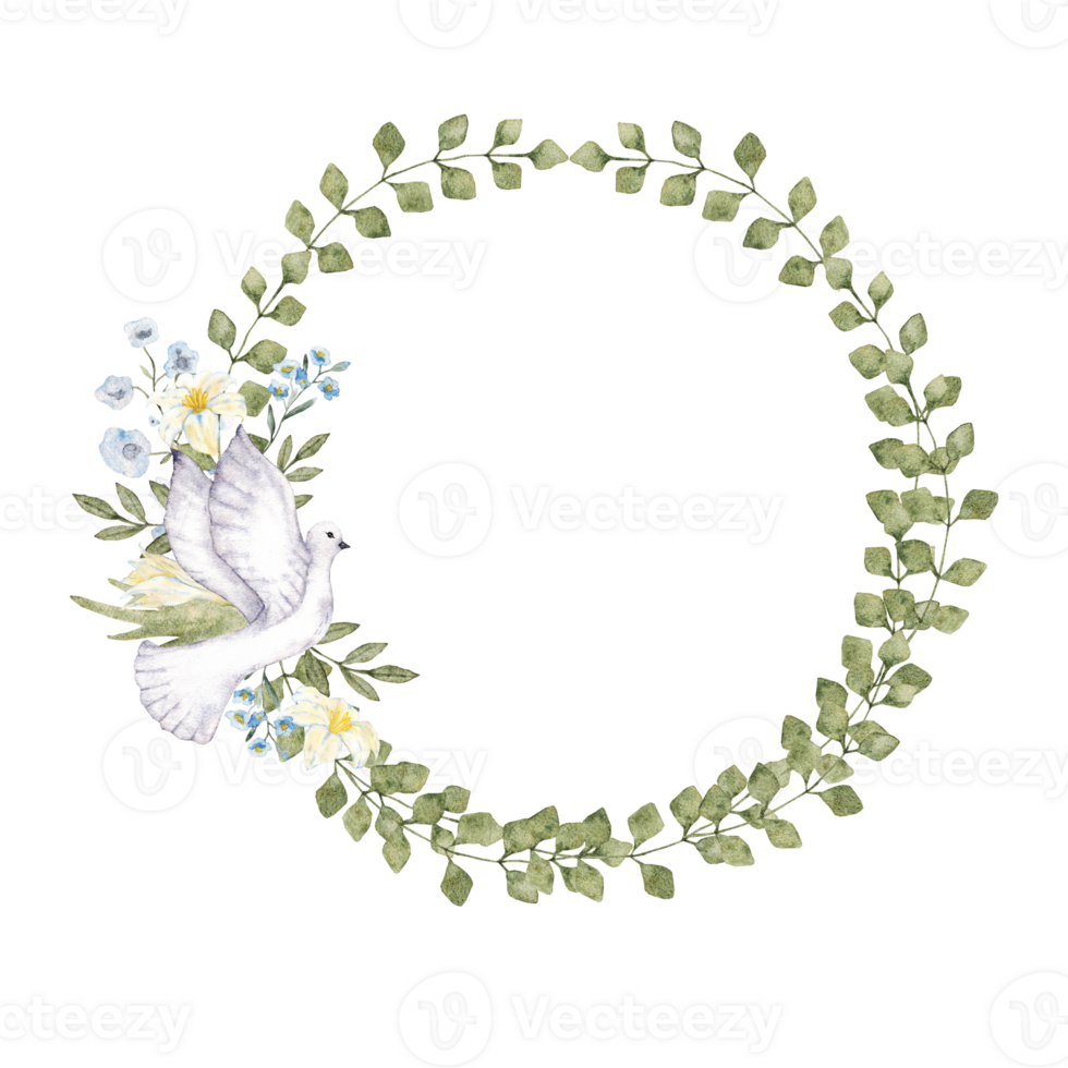 Wreath of green leaves decorated with dove and flowers. Round frame. Watercolor illustration. Isolated. For first communion, baptism, wedding greeting cards, invitation, save the date. Copy space png