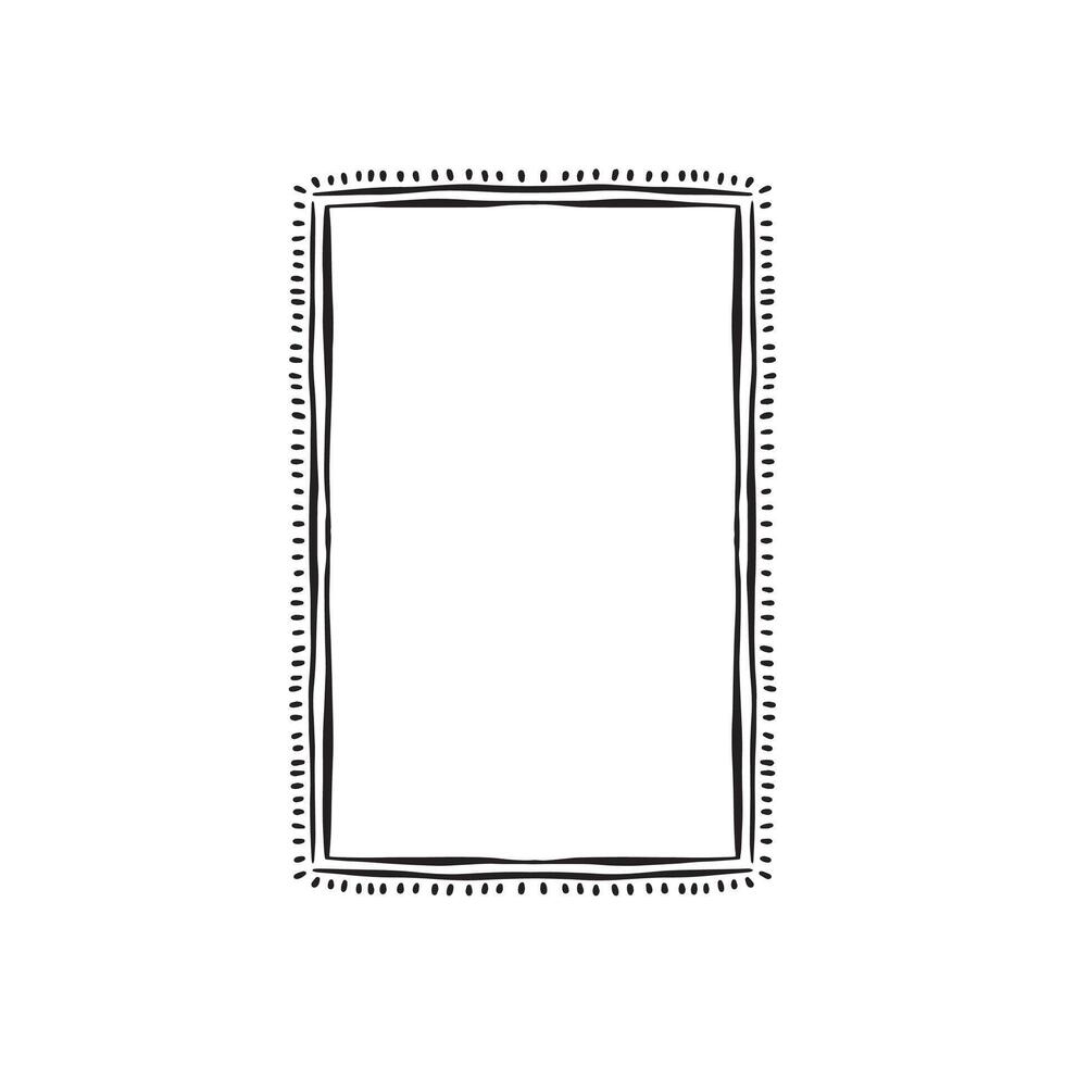 A rectangular border frame with a rustic edge and dashes. Hand drawn in black. vector