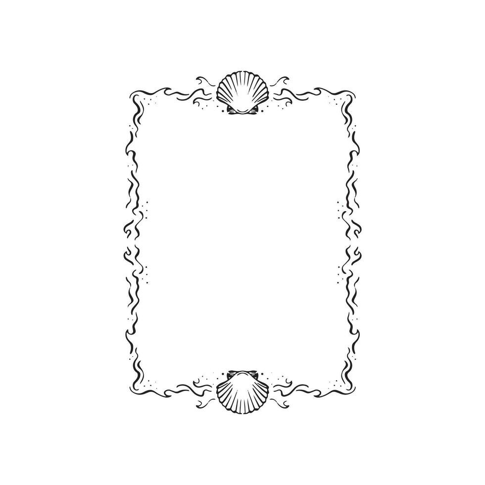 A border featuring shells at the top and bottom and waves breaking and sea around the edge. Black and white illustration in doodle style. vector