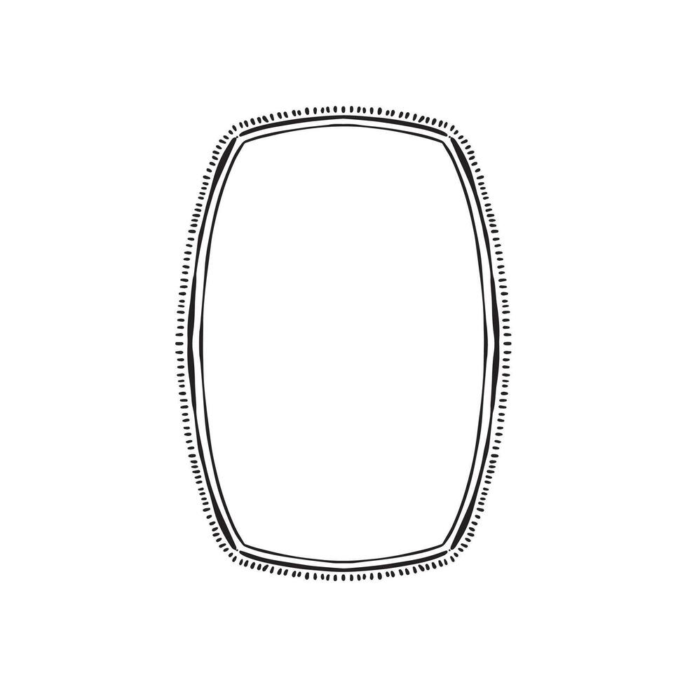 A curved rectangular border frame with a curved top and edges with a rustic edge and dashes. Hand drawn in black. vector