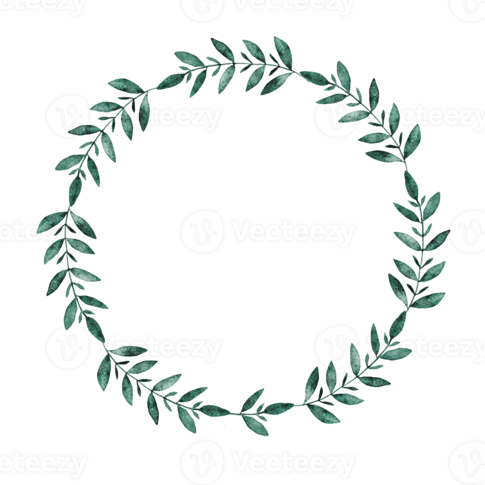 Round frame of dark green leaves. Wreath of branches. Watercolor illustration. Isolated. Template for first communion, baptism, wedding greeting cards, invitation, save the date. Copy space png