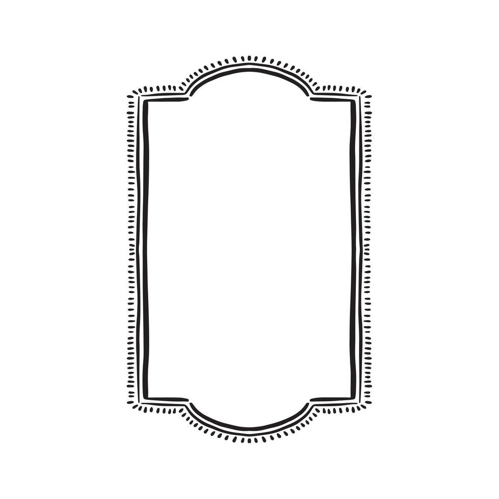 A rectangular border frame with a curved top and bottom with a rustic edge and dashes. Hand drawn in black. vector
