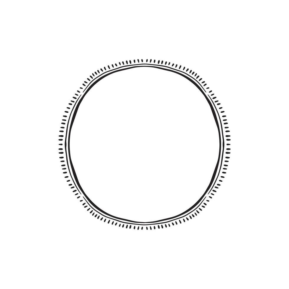 A modern circular sketched border with rustic line and dashes. Hand drawn in black. vector