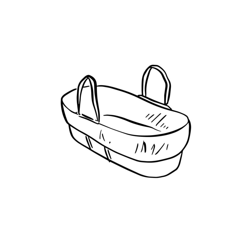 Baby bassinet crib for a newborn baby. Hand drawn in black and white. vector