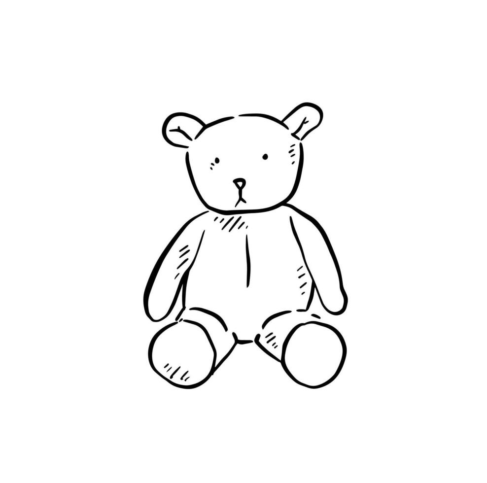 A hand drawn teddy bear in black and white. Babies toy sketch. vector