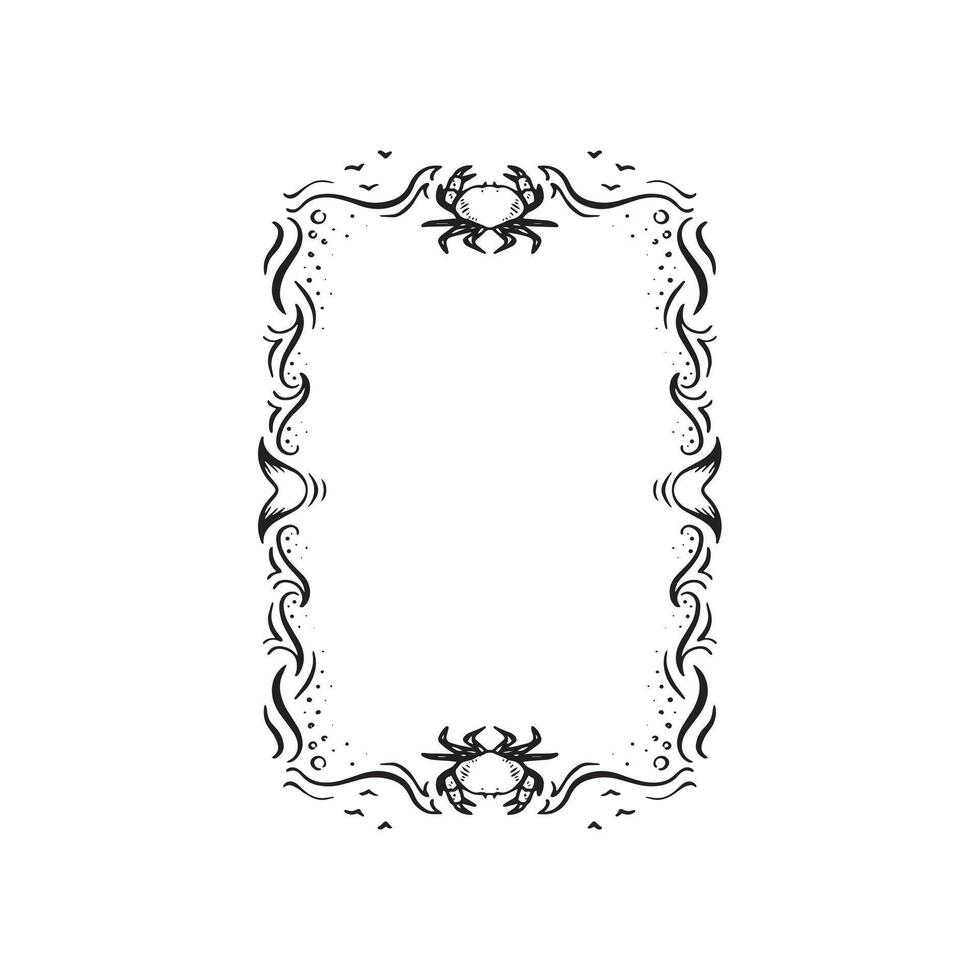 A border featuring crabs at the top and bottom and waves breaking and sea around the edge. Black and white illustration in doodle style. vector