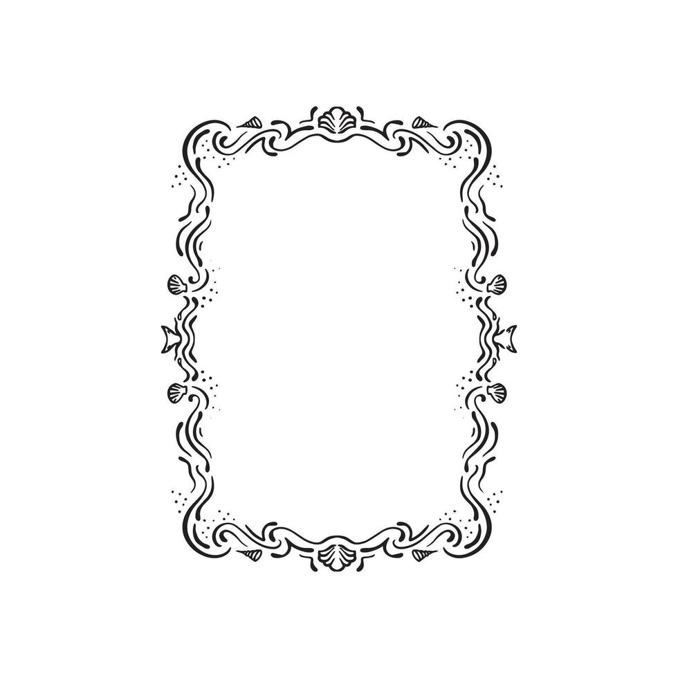 A decorative border featuring sea life elements and flourishing waves, fins, shells and more. Line drawn edge. vector