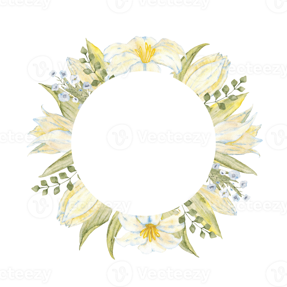 Round template of white flowers and green leaves. Isolated watercolor illustration. Frame for first communion, baptism, wedding, birthday, party greeting cards, invitation, save the date. Copy space png