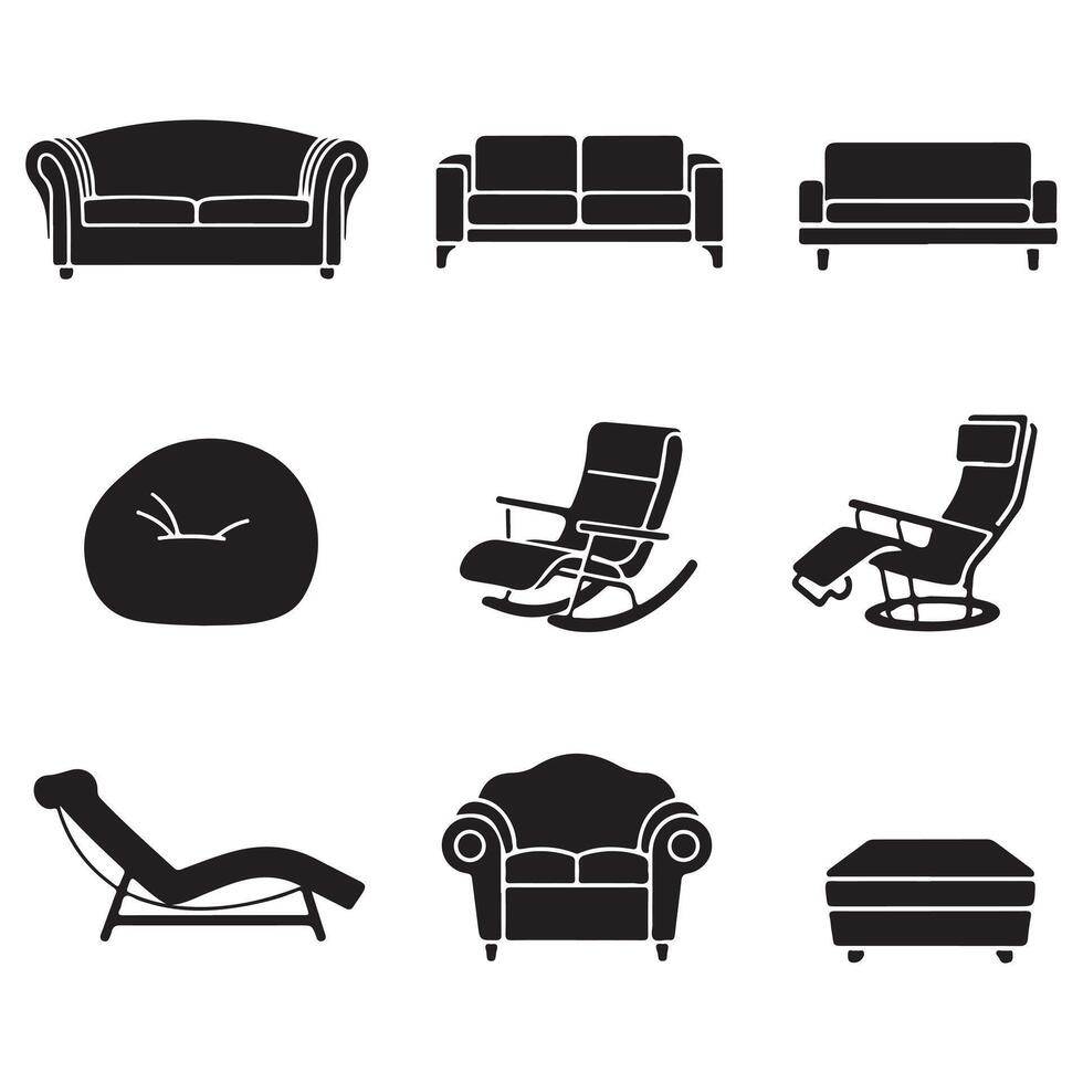 Chic sofa set silhouette featuring clean lines and classic shapes, standing out against a crisp white background modern comfort in minimalist form vector